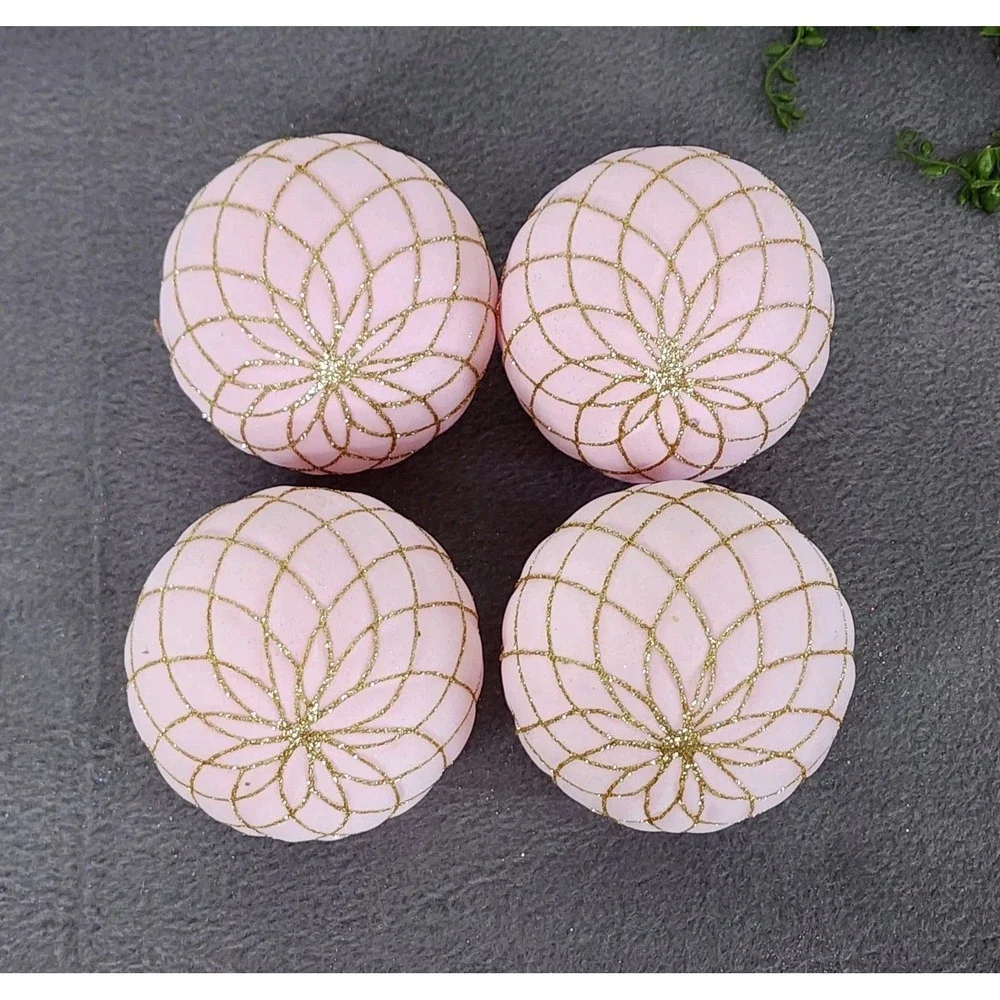 4 Pink Velvet‎ Flocked Christmas Ball Ornaments Gold Glitter Plastic 4